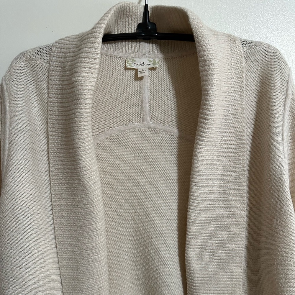 Nurture Cream Cotton/Wool Blend Shawl Collar Open Front Cardigan Sweater, Size L - Picture 2 of 7